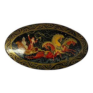 Vintage Russian Lacquer Brooch Troika Sleigh Horses Bearded Man Santa Signed HTF